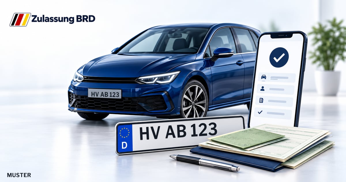 Online Fahrzeugzulassung in Landkreis Stendal: Musterkennzeichen HV AB 123, Auto und Fahrzeugpapiere und Smartphone. Illustration mit Logo von Zulassung BRD.